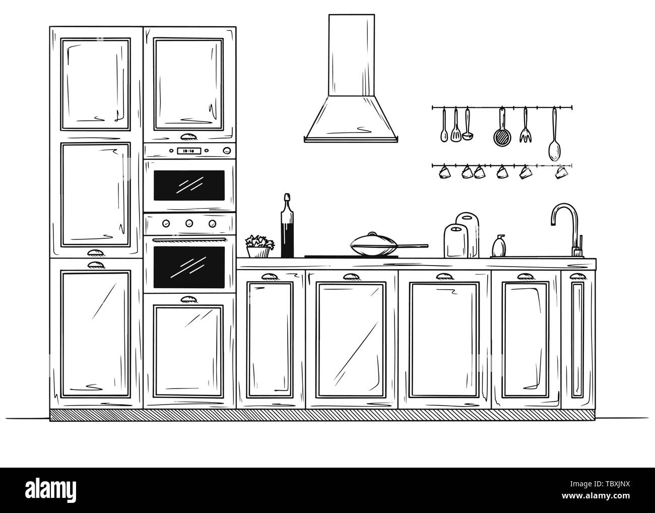 Sketch of the kitchen, front view. Vector illustration Stock Vector