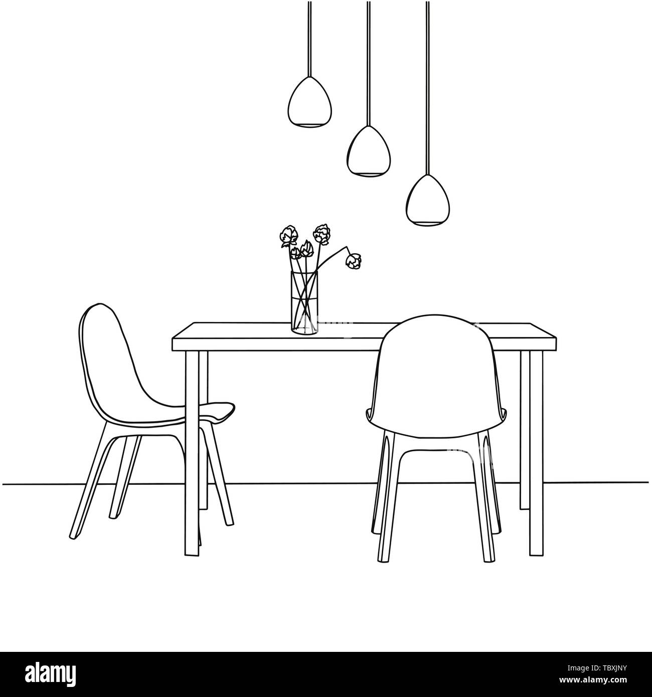 Рисунок кухни со столом и вазой