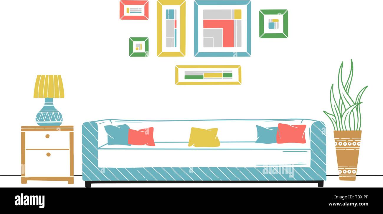 Interior in Scandinavian style. Part of the room. Hand drawn vector illustration of a sketch style. Stock Vector