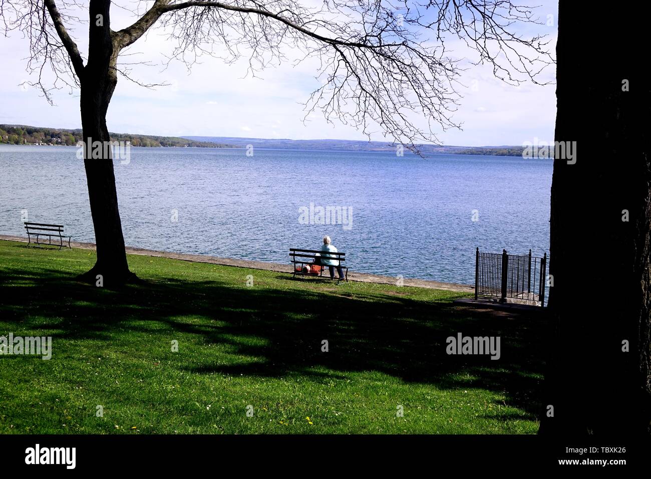 Couple lounging in Thayer Park at the shore of Lake Skaneateles Stock Photo