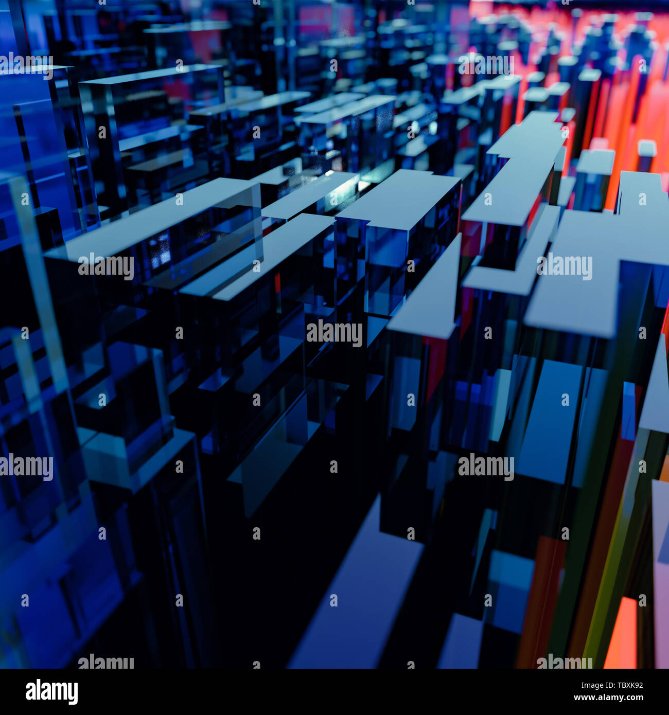Abstract cityscape of three dimensional blue and red rectangular glass polygons against a blue sky with glow on the horizon Stock Photo