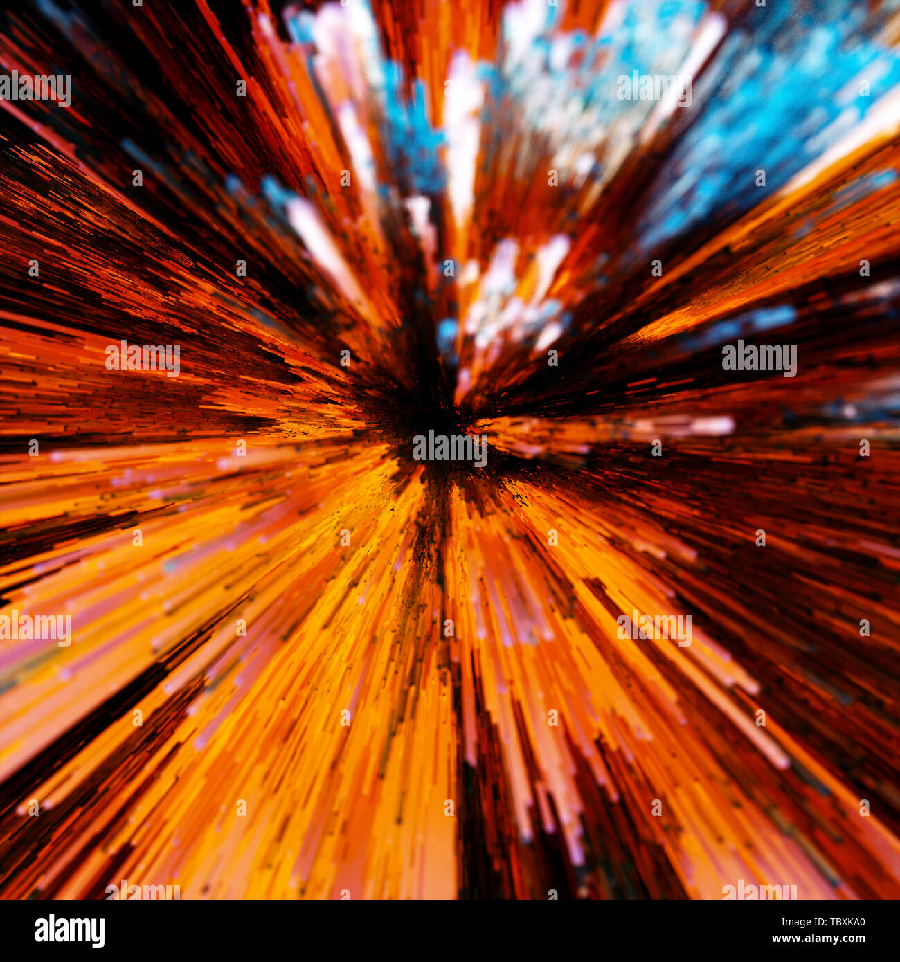Abstract energy tunnel background of colorful diverging radiating rods or geometric rectangular pillars in red, blue and orange in a full frame square Stock Photo