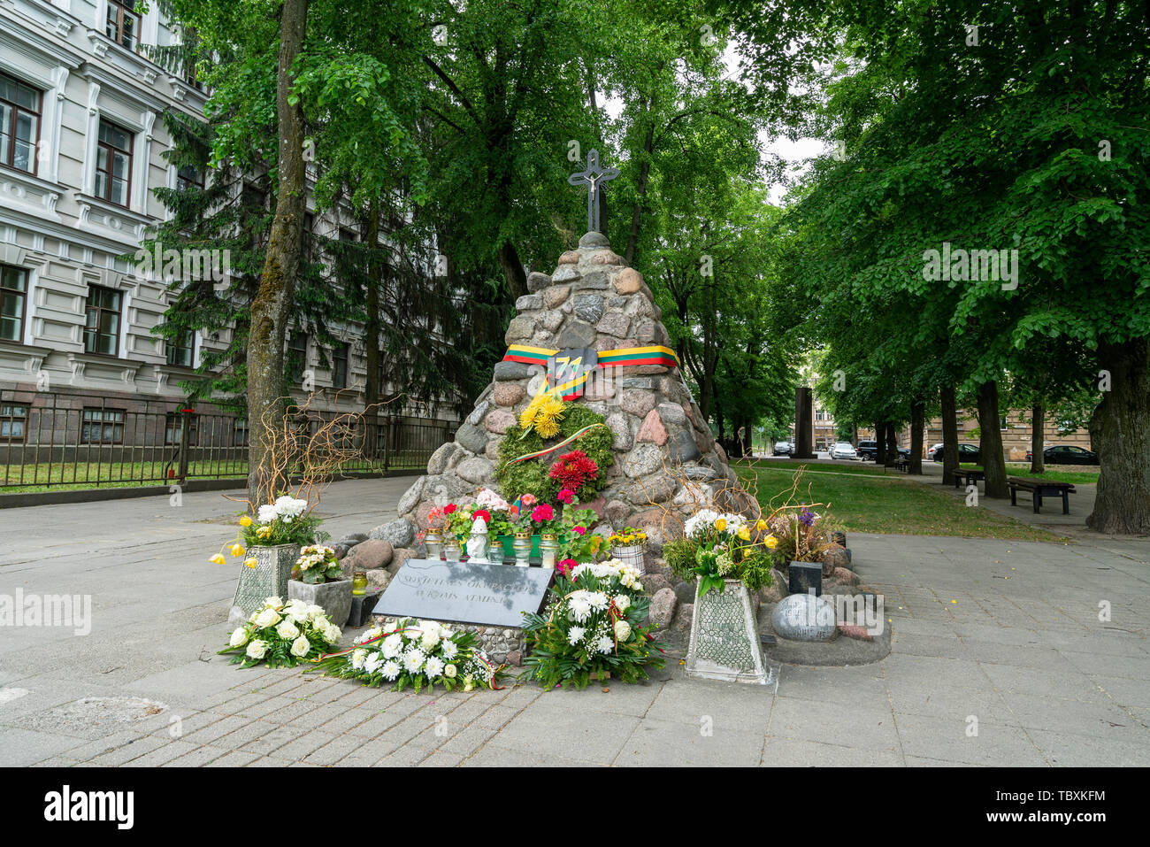 Vilnius, Lithuania. May 2019.   The monument in front of the former KGB building, now home to the Museum of Genocide Victims Stock Photo