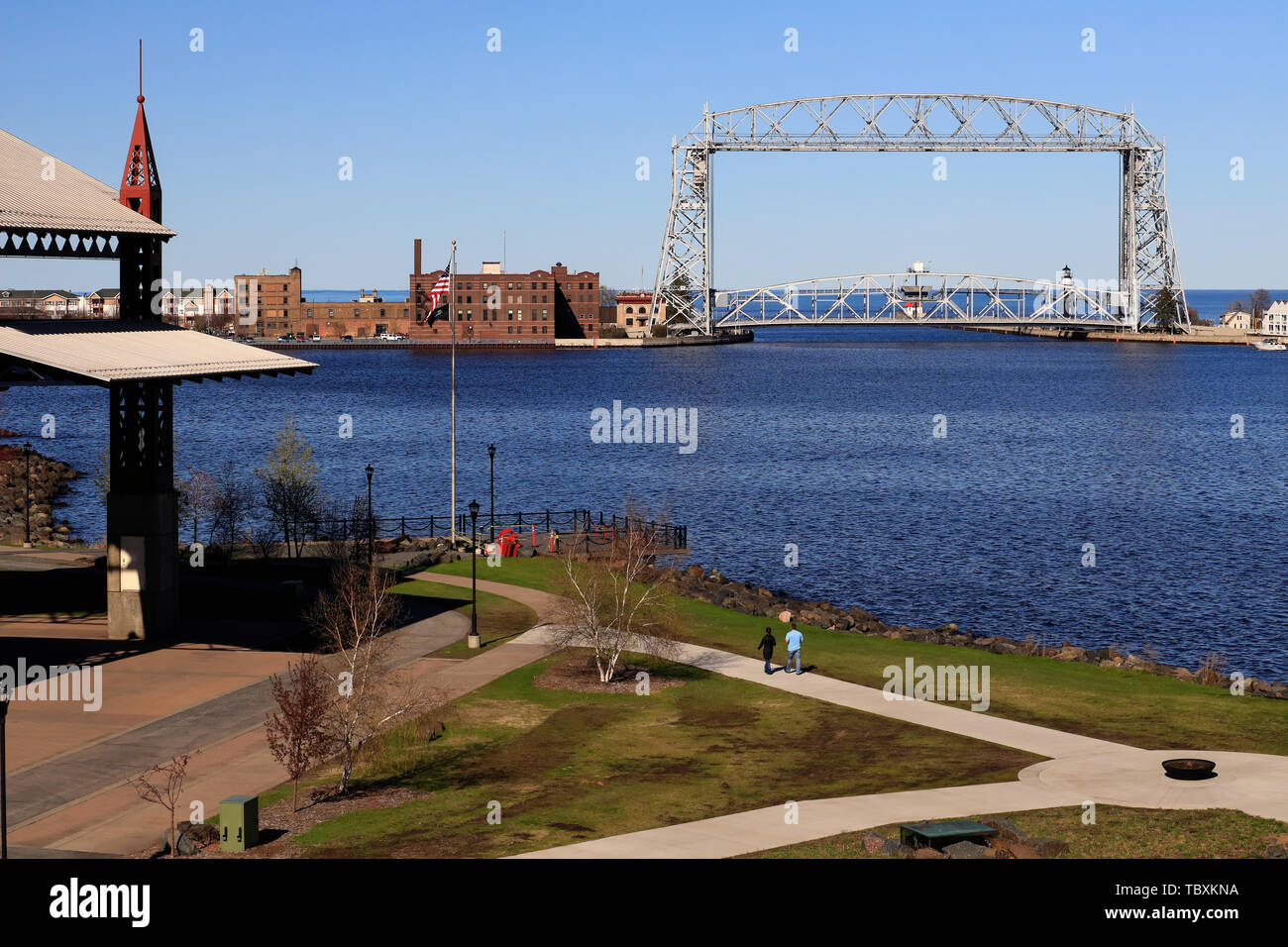 Aerial Lift Bridge with Bayfront Festival Park and Duluth harbor basin