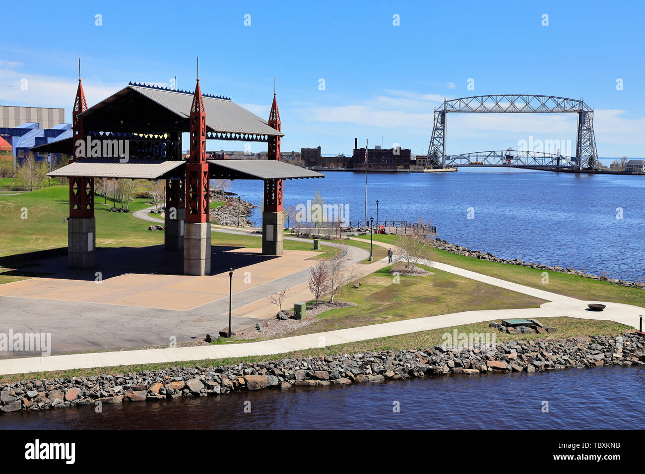 Aerial Lift Bridge with Bayfront Festival Park and Duluth harbor basin