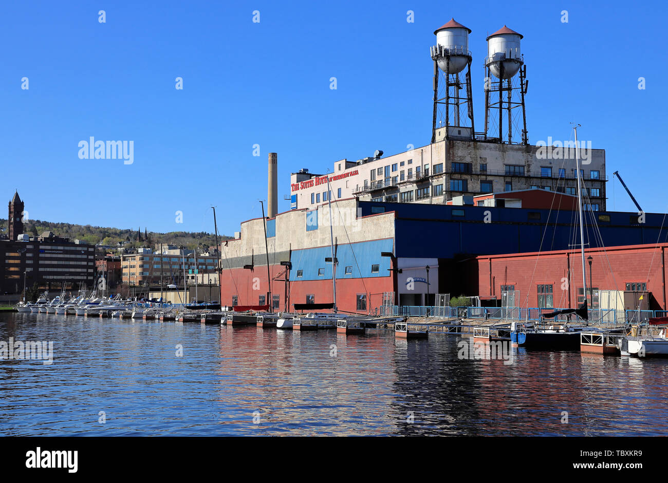 The view of water towers on top of the Suites Hotel building by Waterfront Marina with Minnesota Slip Draw Bridge in foreground.Duluth.Minnesota.USA Stock Photo