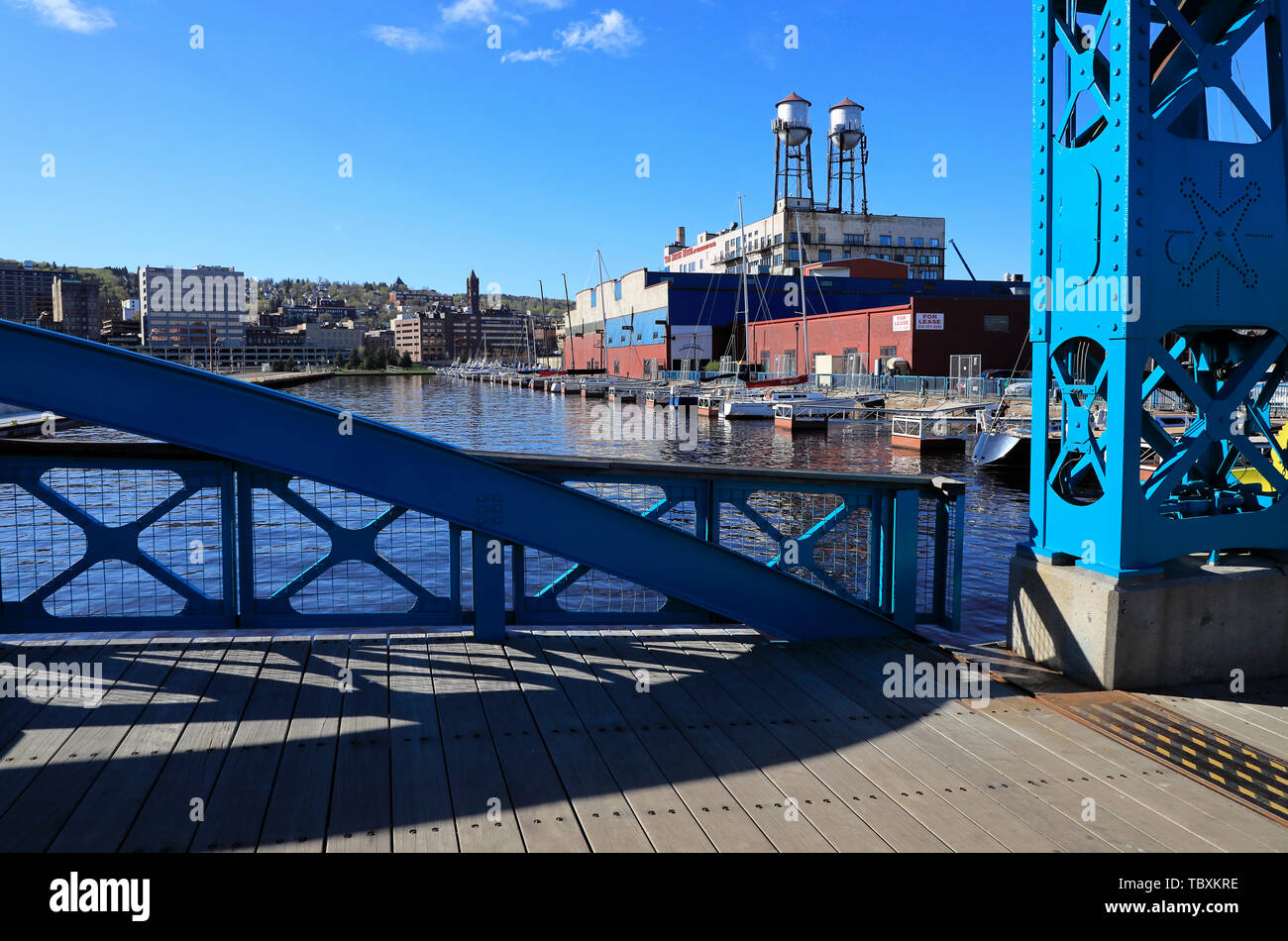 The Twin water towers on top of the Suites Hotel building by Waterfront Marina with Minnesota Slip Draw Bridge in foreground.Duluth.Minnesota.USA Stock Photo