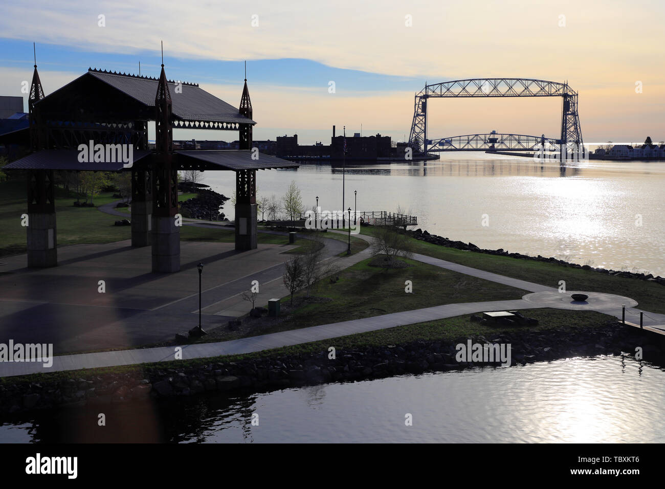 Aerial Lift Bridge with Bayfront Festival Park and Duluth harbor basin in foreground. Duluth