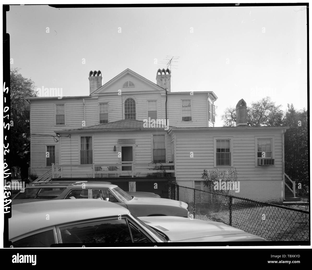 NORTH (REAR) ELEVATION. Second floor wings on the east and west sides are not original, nor are center and righthand single story appendages  Thomas Rhett House, 1009 Craven Street, Beaufort, Beaufort County, SC Stock Photo