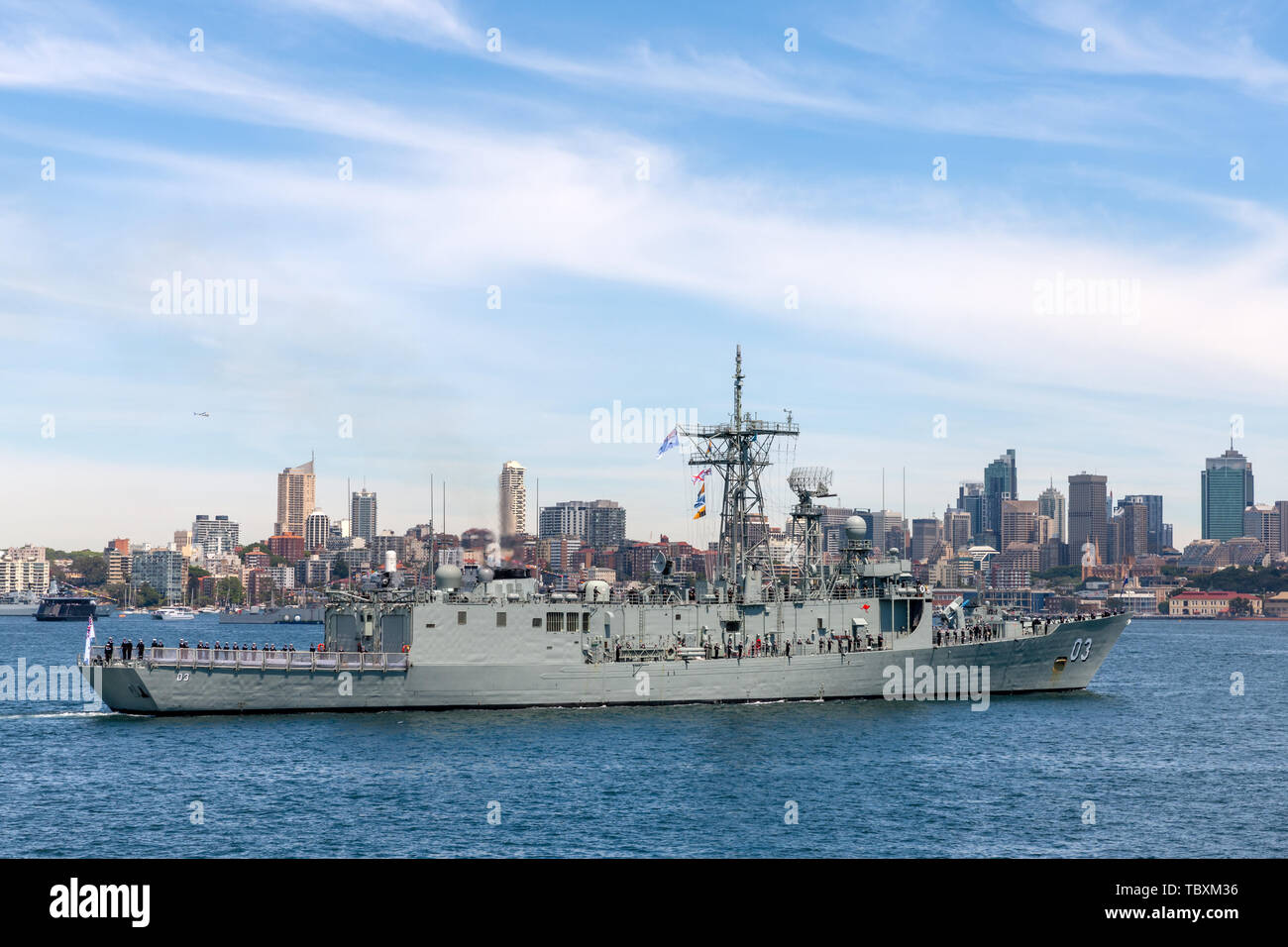 HMAS Sydney (FFG 03) Adelaide-class guided-missile frigate of the Royal Australian Navy in Sydney Harbor. Stock Photo
