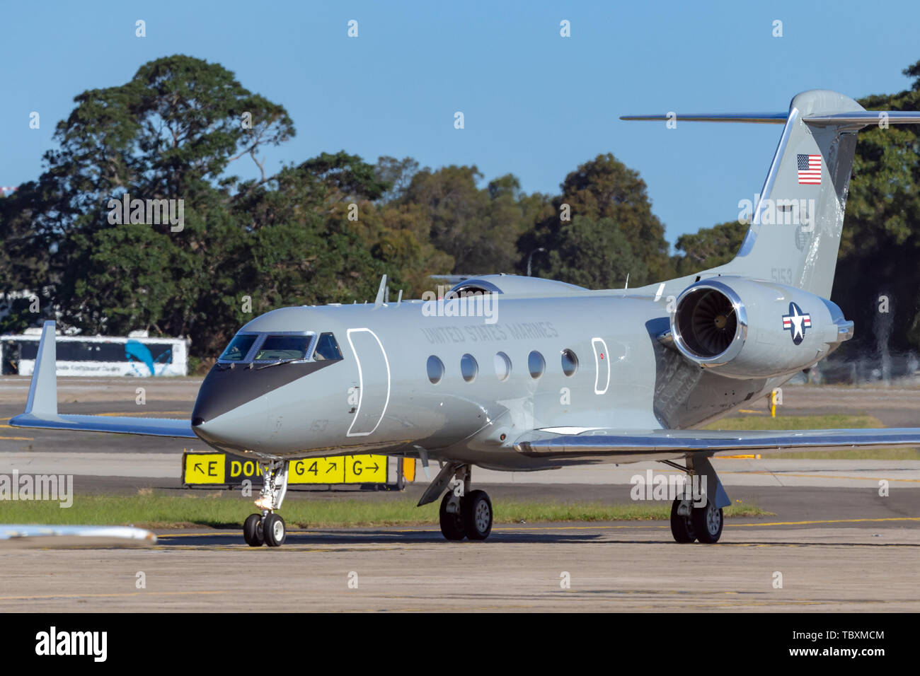 United States Marine Corps (USMC) C-20G 165153 taxiing at Sydney Airport. Stock Photo