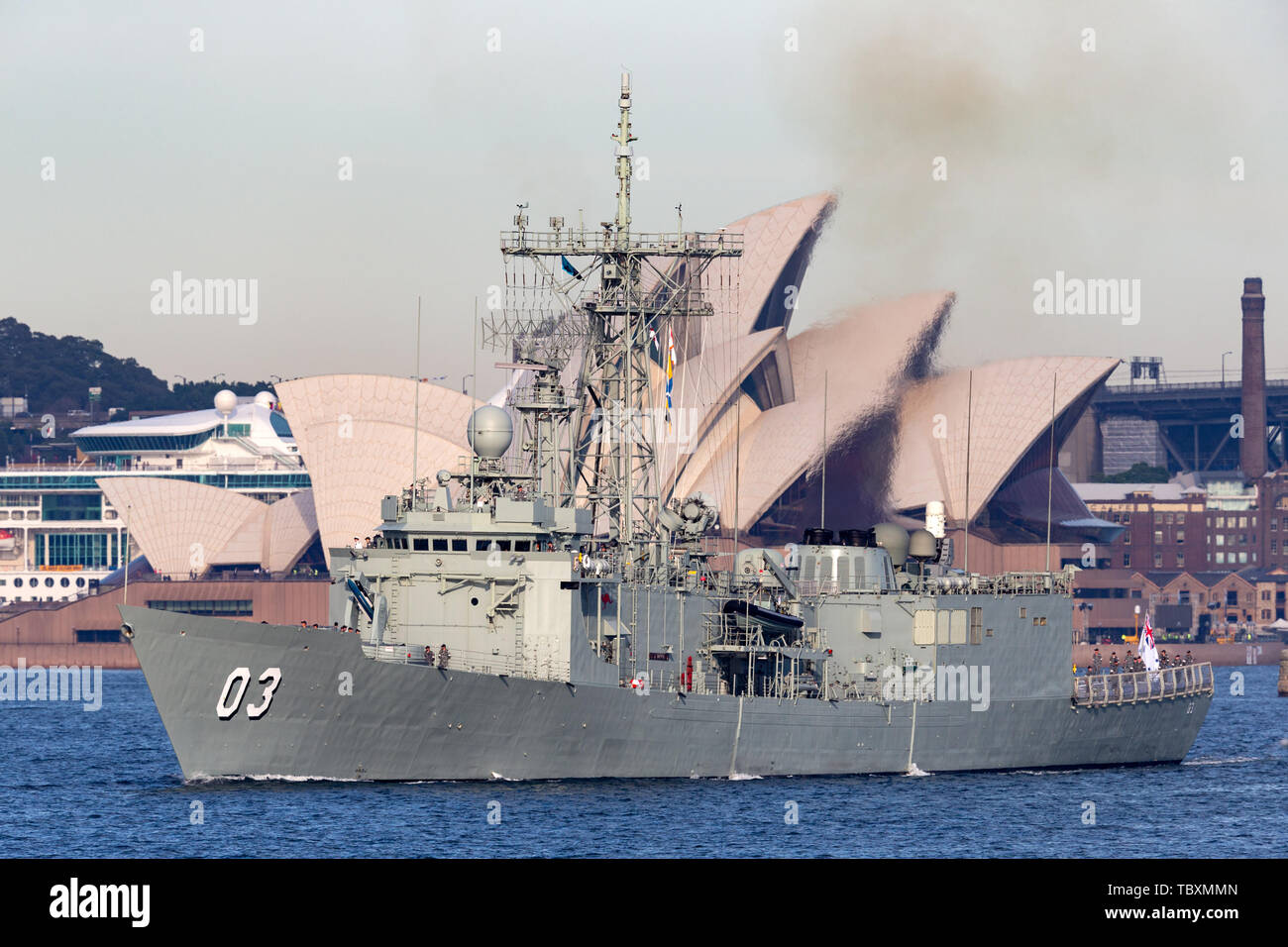 HMAS Sydney (FFG 03) Adelaide-class guided-missile frigate of the Royal Australian Navy in Sydney Harbor. Stock Photo