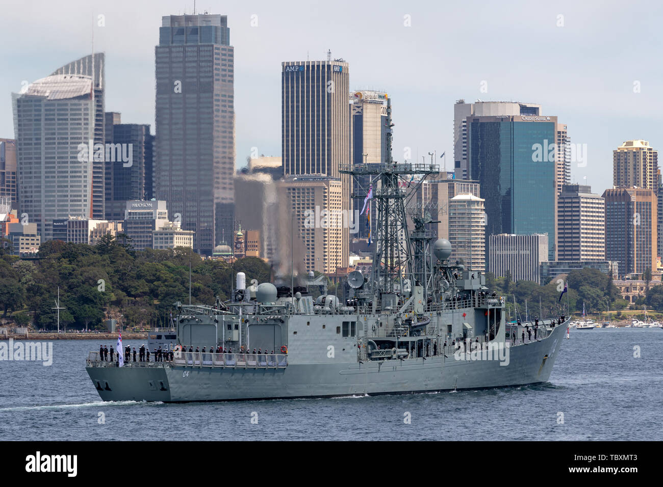 HMAS Darwin (FFG 04) Adelaide-class guided-missile frigate of the Royal Australian Navy in Sydney Harbor. Stock Photo