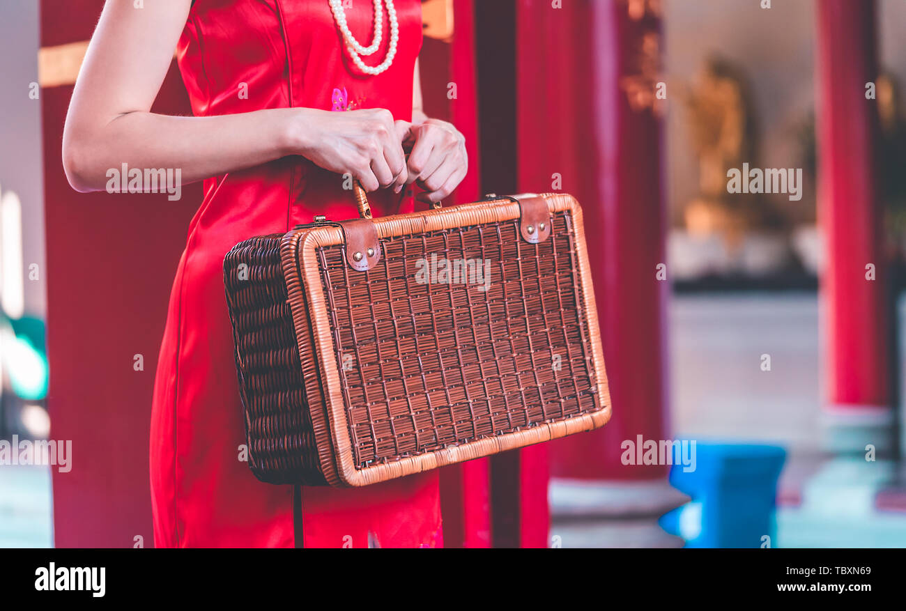 Asian chinese girl with wooden luggage vintage asian travel concept
