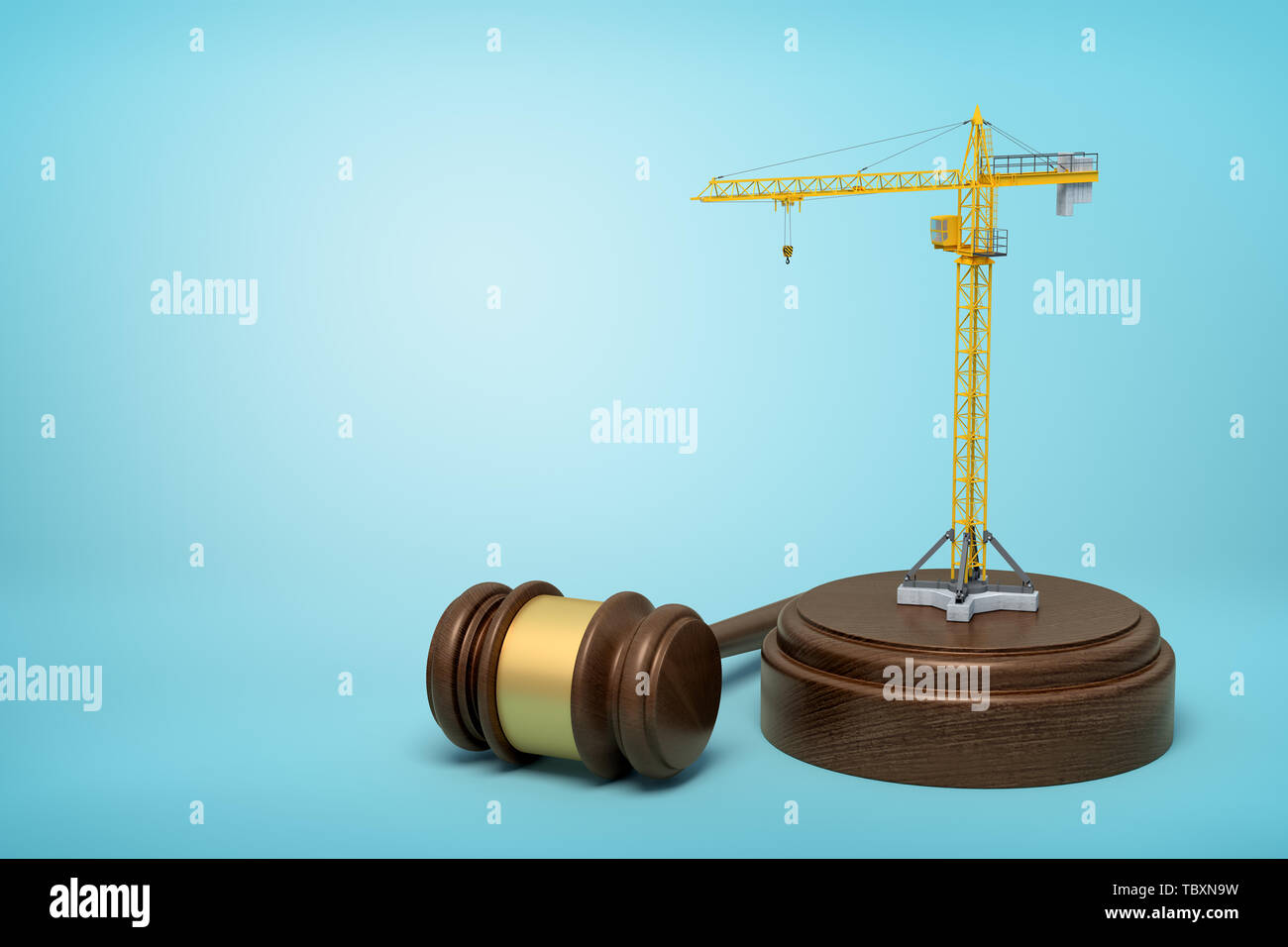 3d rendering of small construction crane standing on sounding block with judge gavel beside the block on light-blue background. Stock Photo