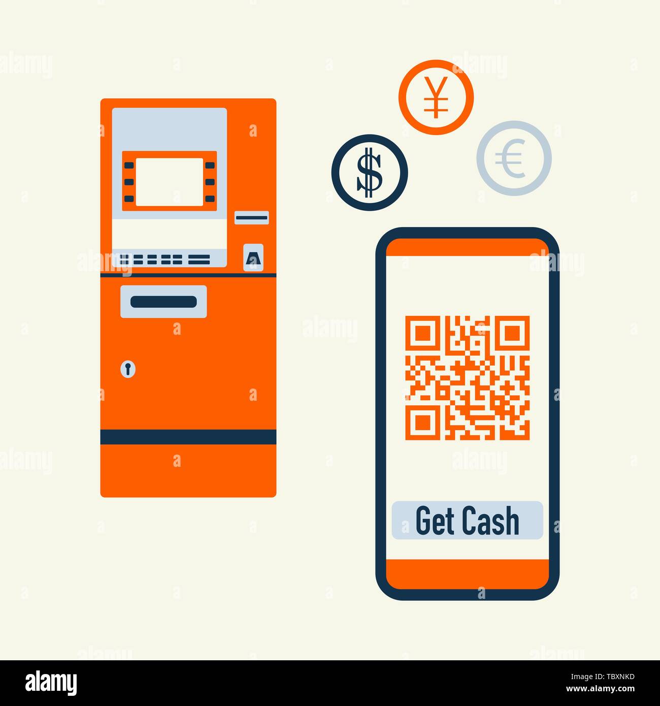 Vector illustration with phone with qr code, ATM cash withdrawal ...