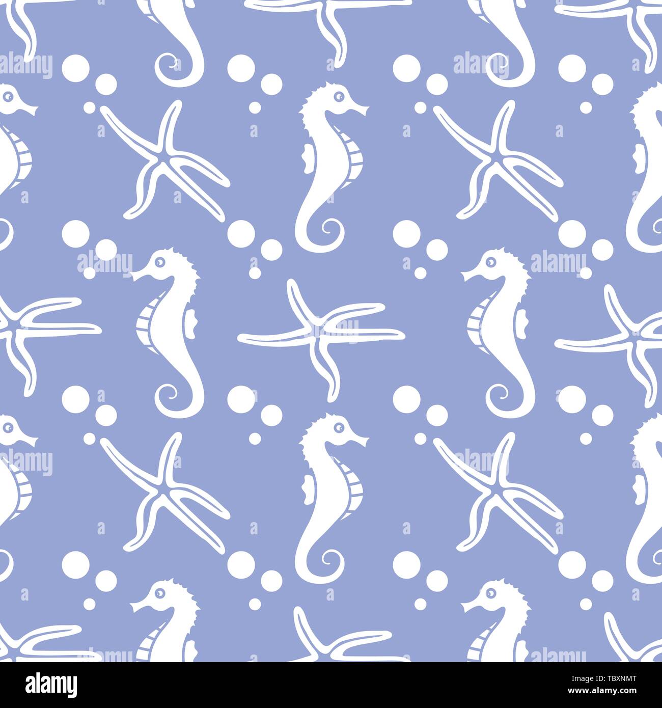 Vector seamless pattern with sea horses, starfish and bubbles. Marine ...