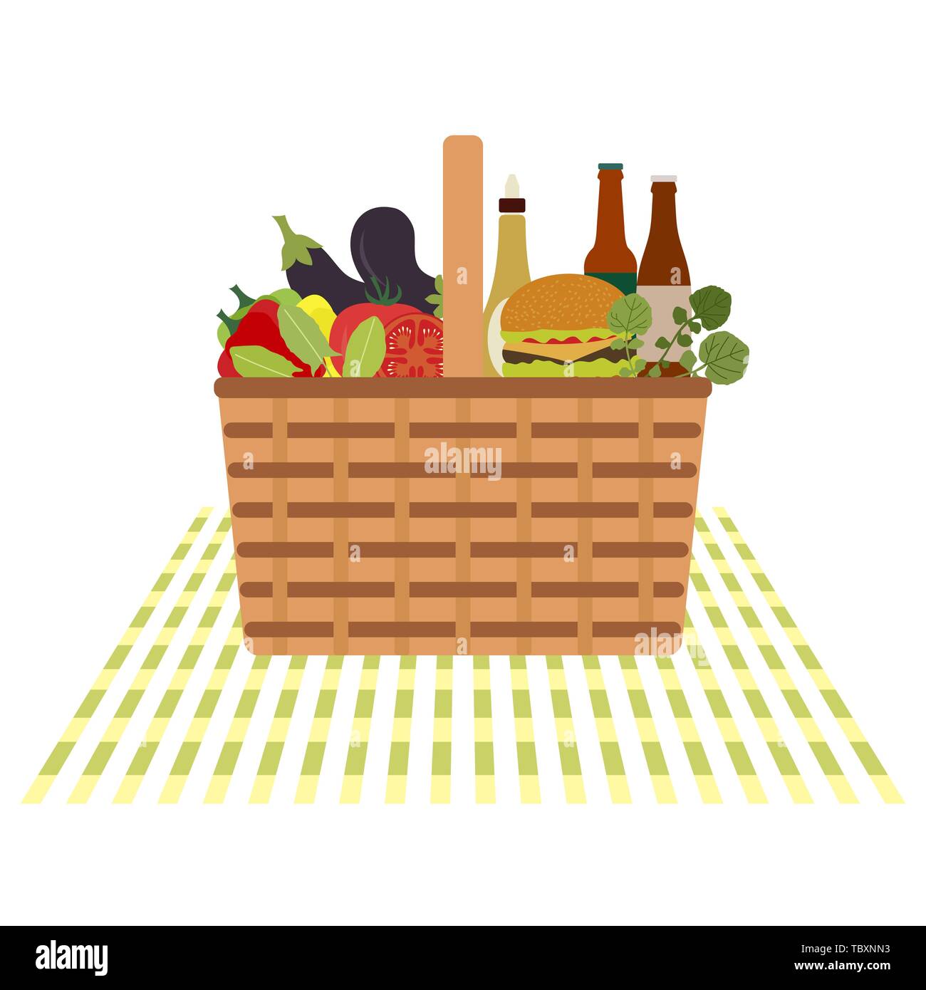 Vector illustration with wicker picnic basket with food and drink ...