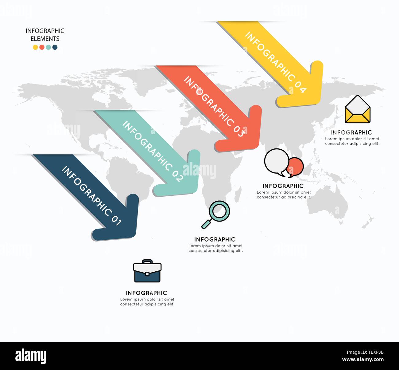 Infographic elements with icons on map background Stock Vector