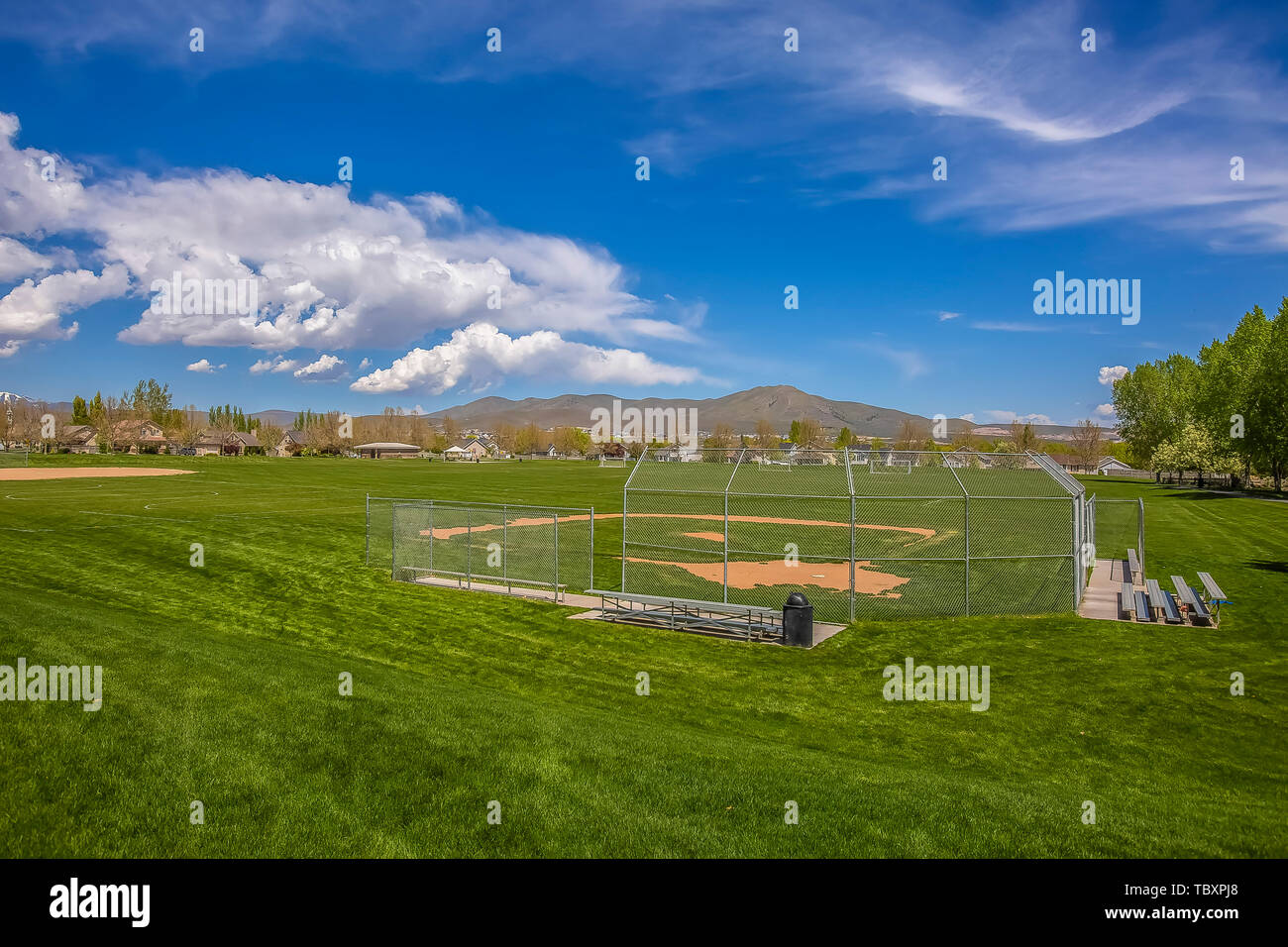 Baseball or Softball field with bleachers outside the safety fence Stock Photo Alamy