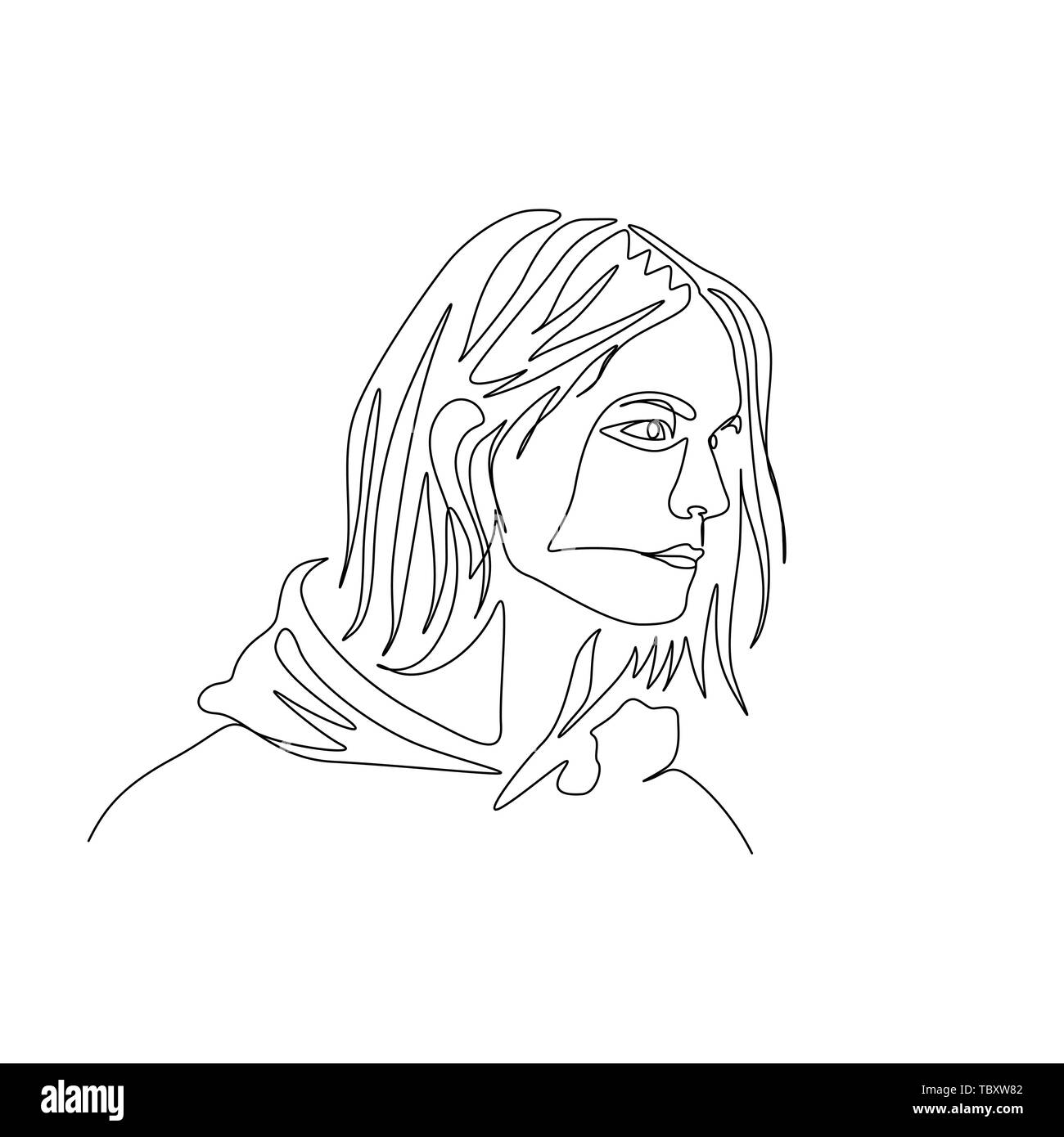 Continuous one line portrait of man in hoody with long hair. Art Stock Vector