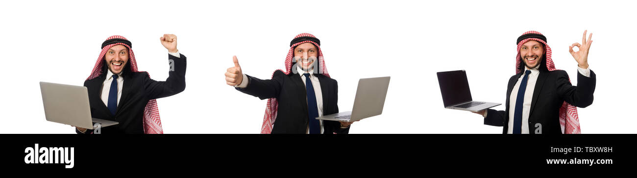 Arab businessman with computer on white Stock Photo