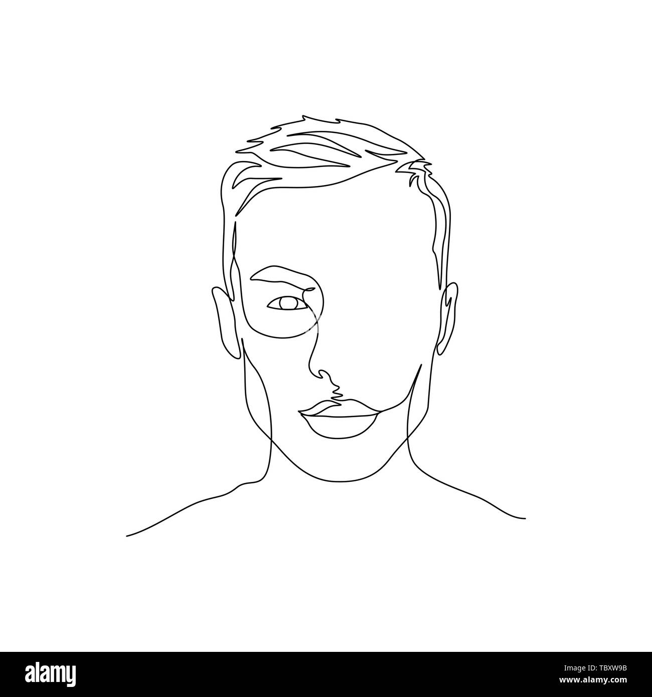 Continuous one line portrait of man with symmetric beautiful face. Art Stock Vector
