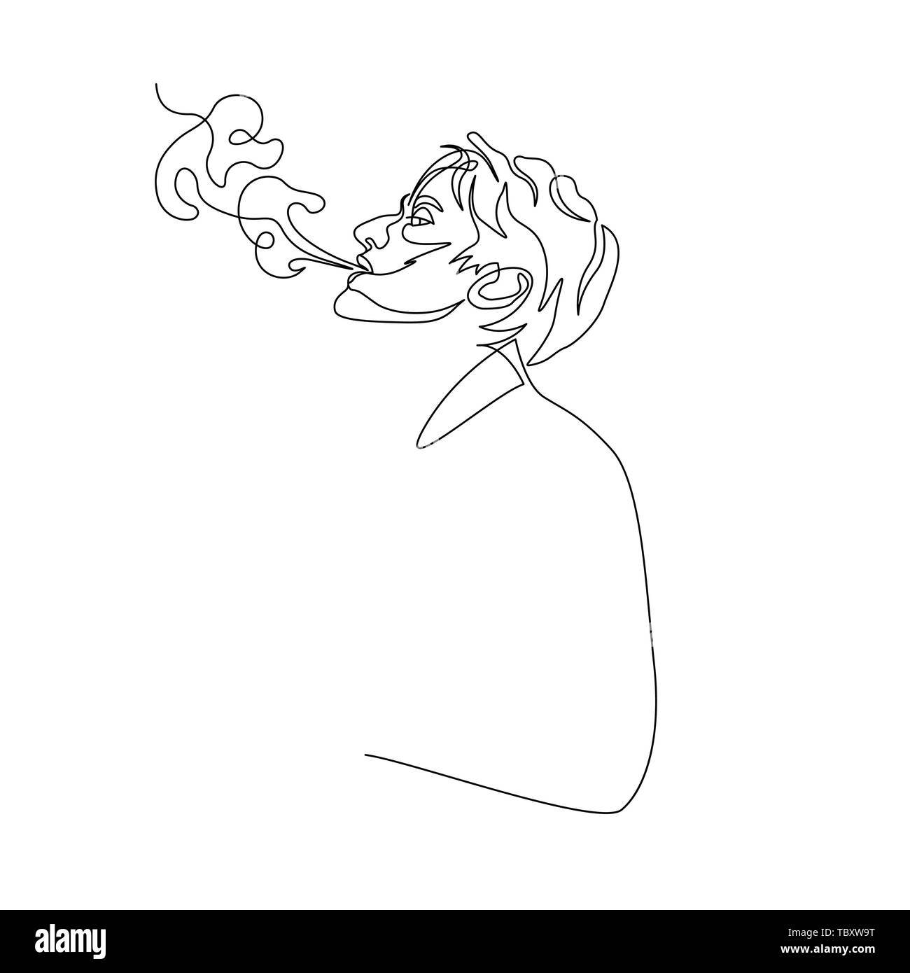 Continuous one line man exhale smoke of cigarette. Art Stock Vector