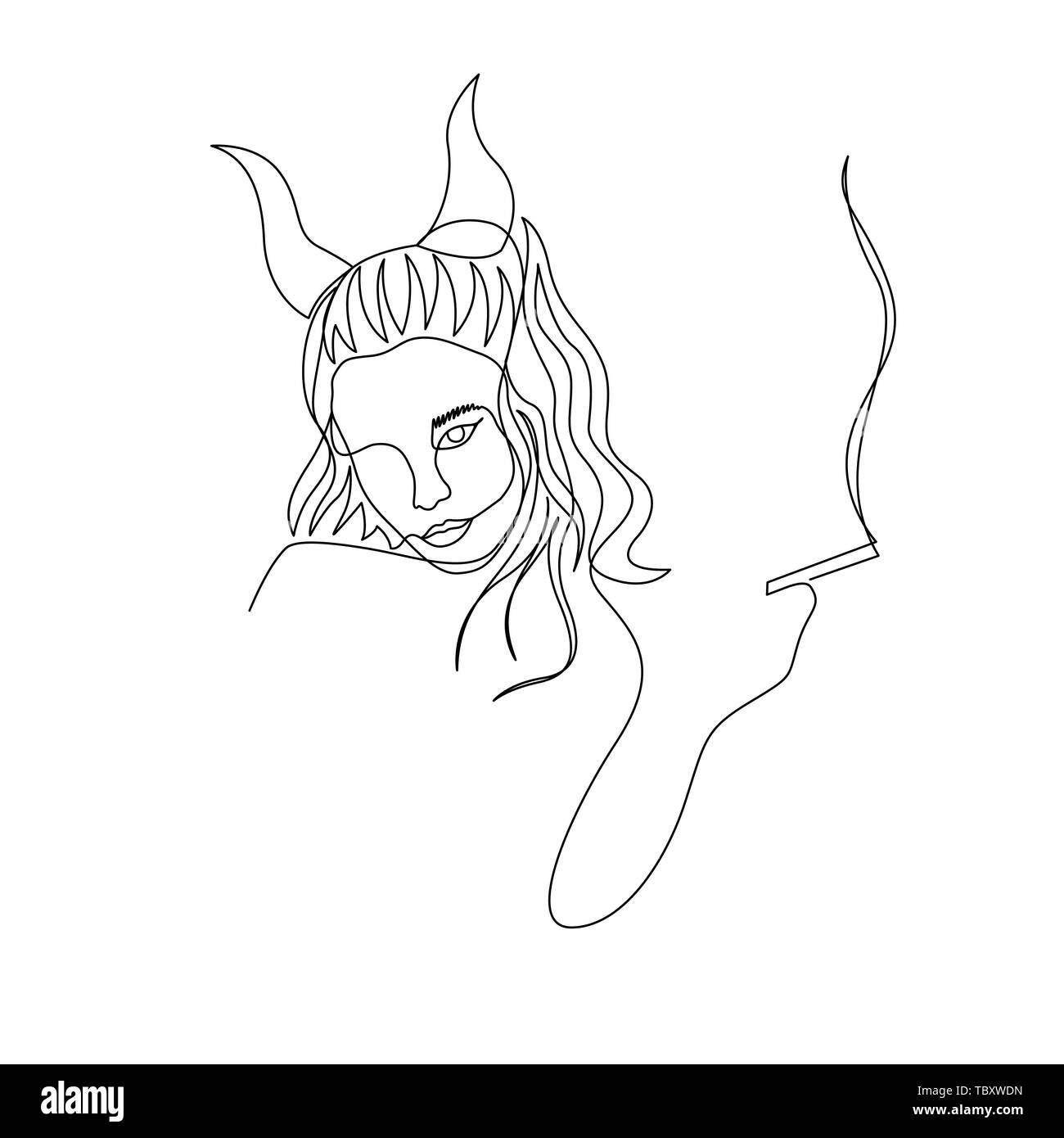 Continuous one line devil woman with horns smoke cigarette. Art Stock Vector