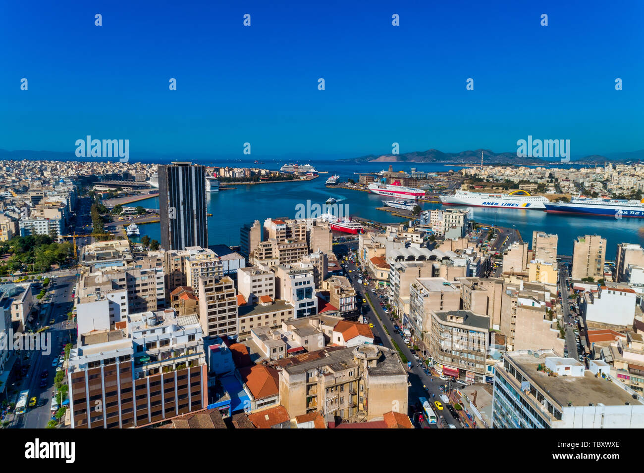 Piraeus View Piraeus, Greece - May 30, 2019: Aerial drone panoramic photo of Piraeus ...