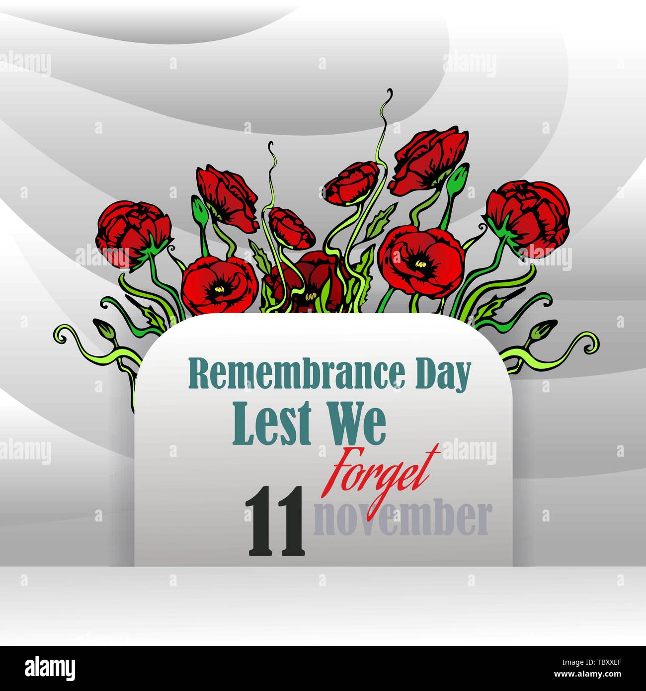 Remembrance day card with red poppies, lest we memorial day