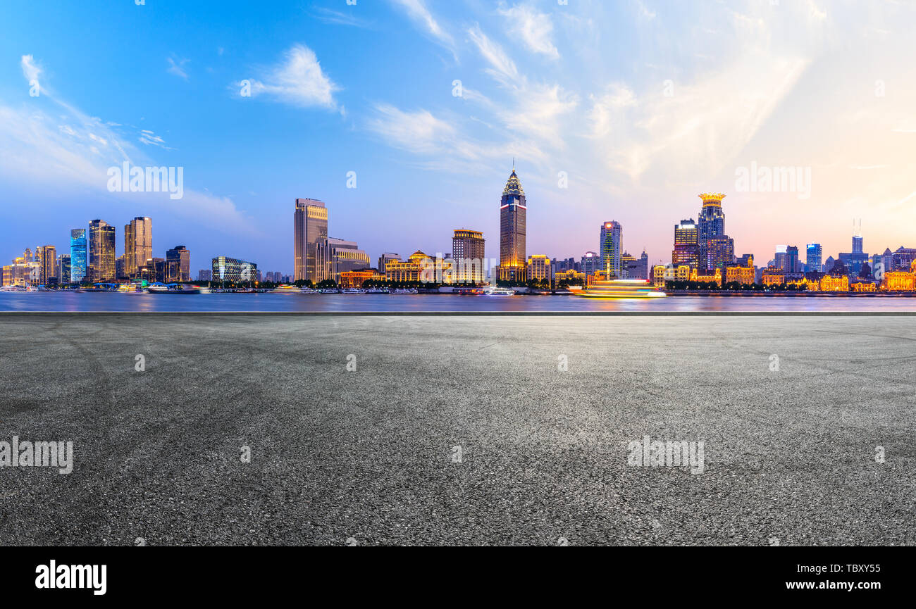 Shanghai Bund City Skyline And Empty Asphalt Road Ground At Night Stock Photo Alamy