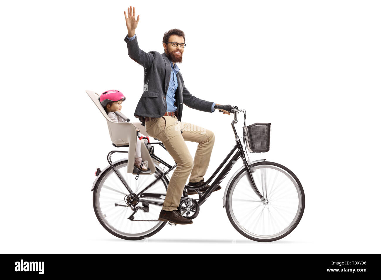 Full length shot of a father riding a child in a bicycle child's seat and waving at the camera isolated on white background Stock Photo