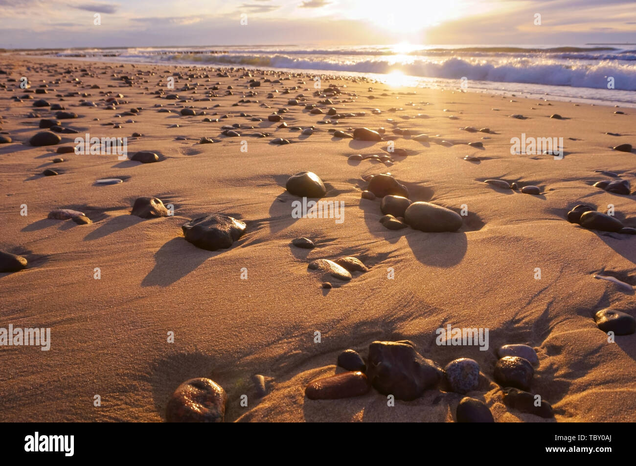 seashore at sunset, sea stones in the light of the sun Stock Photo