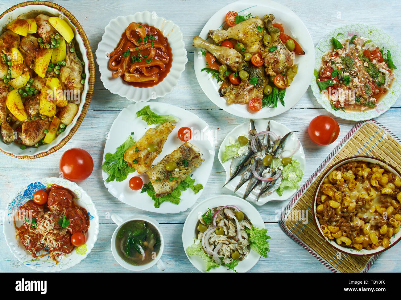 ItalianAmerican cuisine, Traditional assorted dishes, Top view Stock