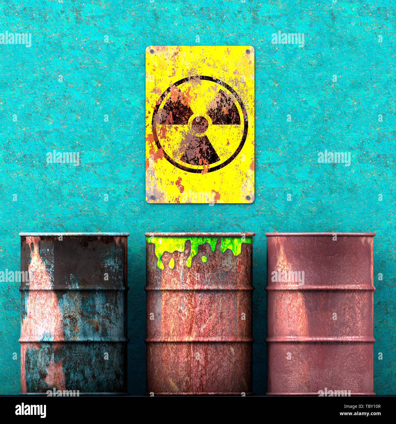 Storage radioactive waste, barrels resting on a wall, sign with radioactivity symbol, nuclear material. 3d rendering Stock Photo