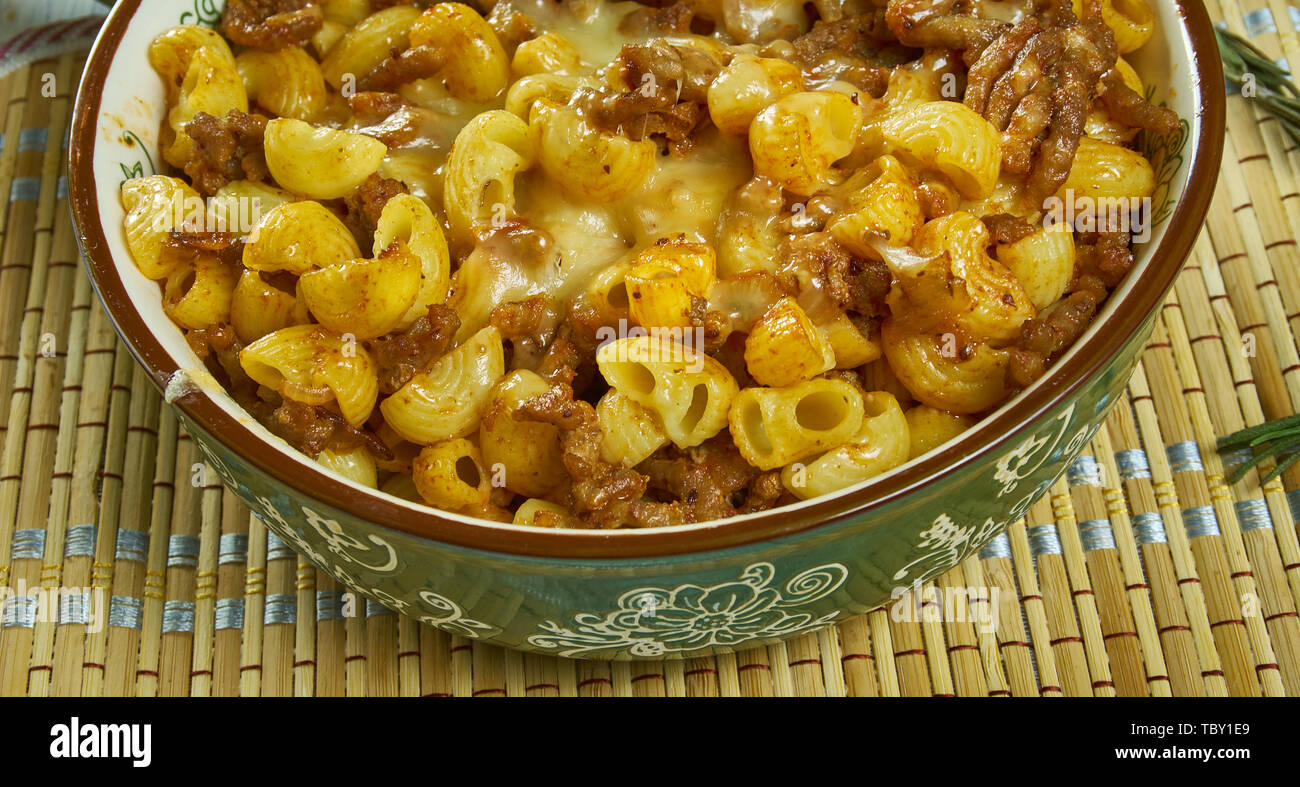 Johnny Marzetti,  pasta dish consisting of noodles, cheese, ground beef, and a tomato sauce , Italian-American cuisine, Traditional assorted dishes, T Stock Photo