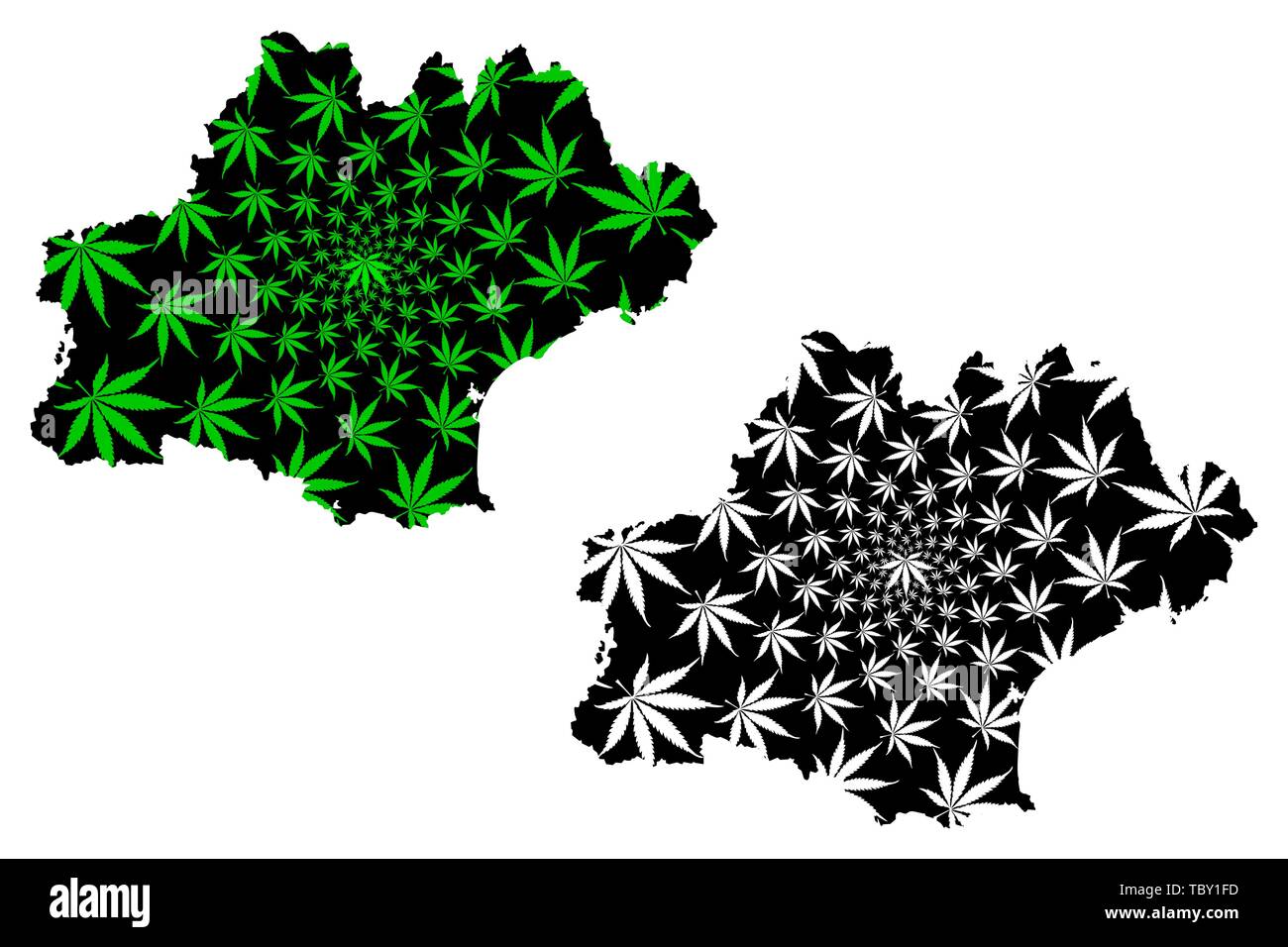 Occitanie (France, administrative region) map is designed cannabis leaf green and black, Occitania map made of marijuana (marihuana,THC) foliage, Stock Vector