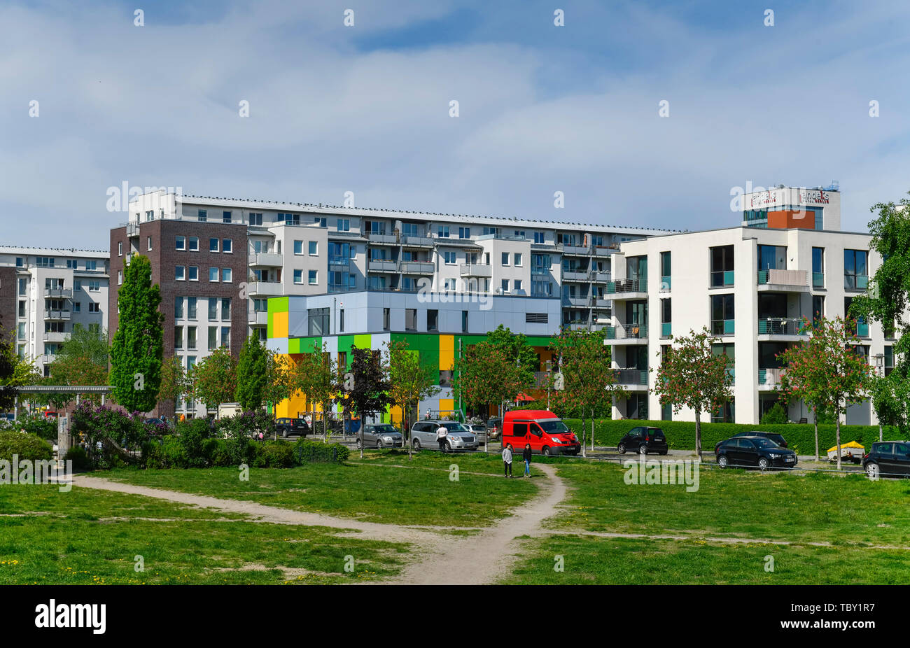 New buildings, house castle park, Otto Ostowski street, development area old slaughterhouse, Prenzlauer mountain, Pankow, Berlin, Germany, Neubauten,  Stock Photo