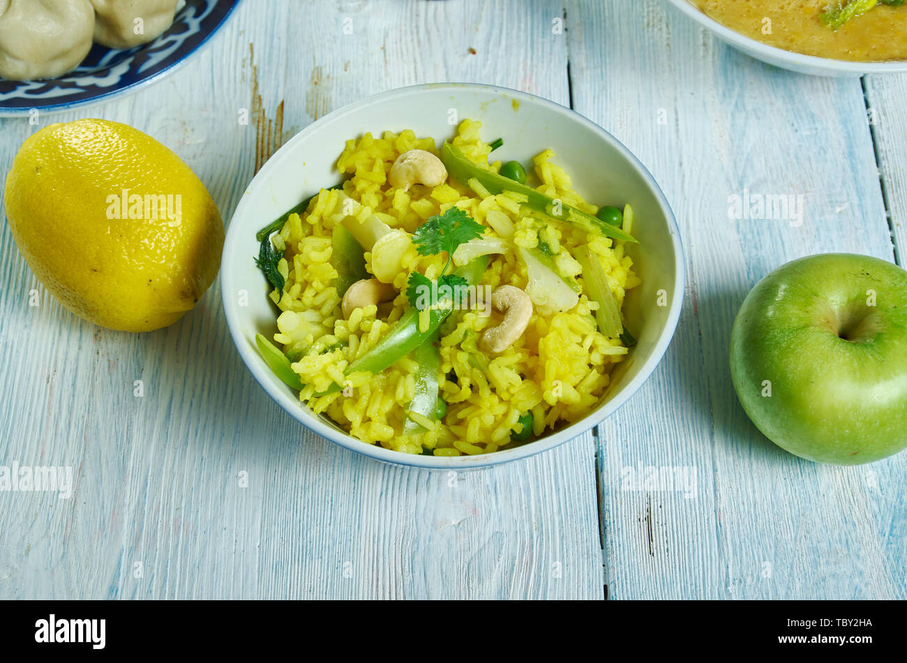 Tondli Bhaat, spicy preparation of rice and tendi,, Maharashtrian national  cuisine, Traditional assorted Asia dishes, Top view. Stock Photo