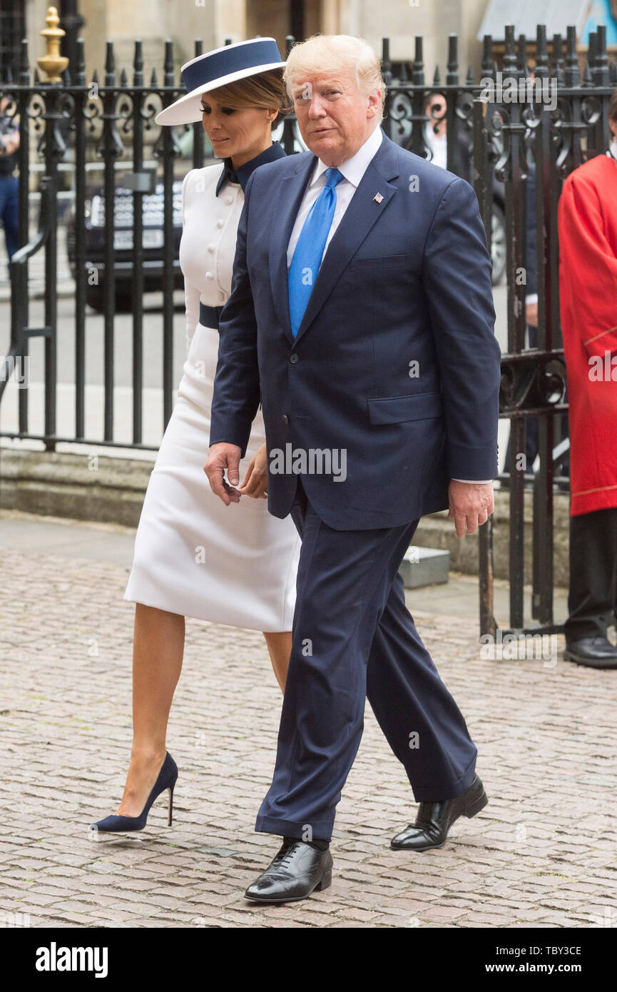 London, Britain. 3rd June, 2019. U.S. President Donald Trump and his wife Melania Trump arrive to visit Westminster Abbey in London, Britain, on June 3, 2019. U.S. President Donald Trump arrived in London on Monday to start his three-day state visit to Britain as widespread protests against him are set to take place. Credit: Ray Tang/Xinhua/Alamy Live News Stock Photo