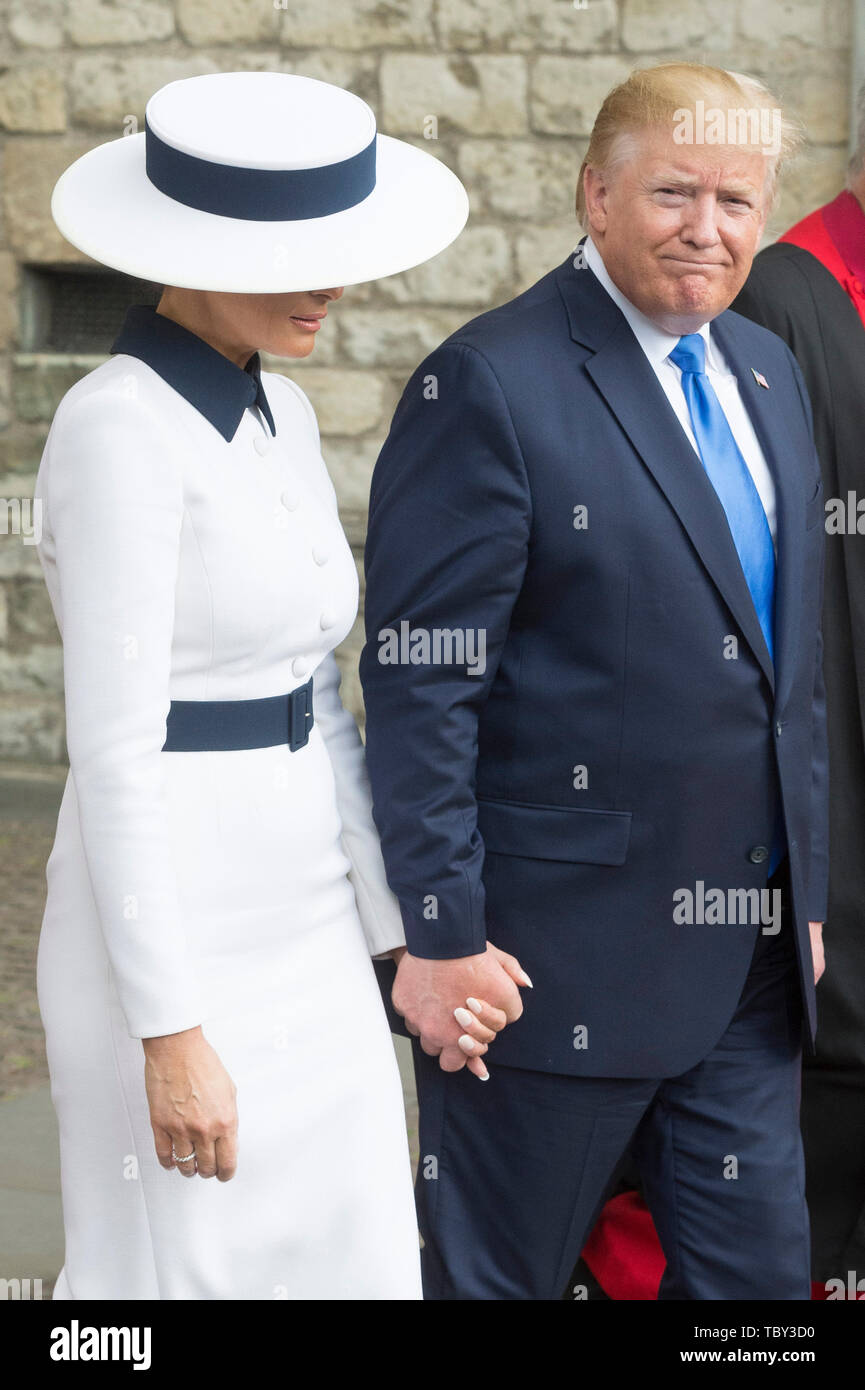 London, Britain. 3rd June, 2019. U.S. President Donald Trump and his wife Melania Trump leave after visiting Westminster Abbey in London, Britain, on June 3, 2019. U.S. President Donald Trump arrived in London on Monday to start his three-day state visit to Britain as widespread protests against him are set to take place. Credit: Ray Tang/Xinhua/Alamy Live News Stock Photo