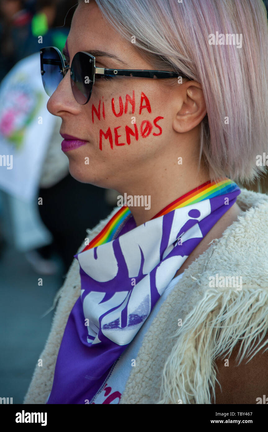 Buenos Aires, Argentina. 3rd June, 2019. Jun 3, 2019 - Buenos Aires, Argentina - Four years of the Ni Una Menos movement, more and more women suffer gender violence. The latest data showed that in 2018 there were 278 women murdered. The figure represents an increase of 10.7% compared to the 251 femicides registered in 2017. A woman dies a victim of a femicide every 30 hours in Argentina. 278 lethal victims of crimes of gender violence. 255, direct victims of femicides -of which four were transfemicidios- and 23 linked femicides. 83% of the victims had a previous link with the indicate Stock Photo