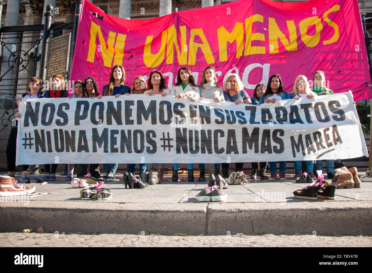 Buenos Aires, Argentina. 3rd June, 2019. Jun 3, 2019 - Buenos Aires, Argentina - Four years of the Ni Una Menos movement, more and more women suffer gender violence. The latest data showed that in 2018 there were 278 women murdered. The figure represents an increase of 10.7% compared to the 251 femicides registered in 2017. A woman dies a victim of a femicide every 30 hours in Argentina. 278 lethal victims of crimes of gender violence. 255, direct victims of femicides -of which four were transfemicidios- and 23 linked femicides. 83% of the victims had a previous link with the indicate Stock Photo