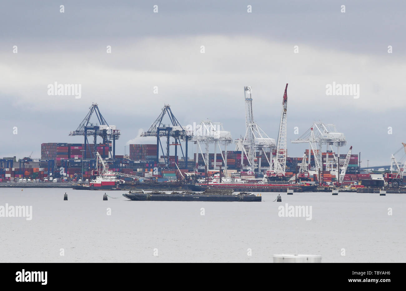 New York, USA. 14th May, 2019. Photo taken on May 14, 2019 shows a cargo loading area of Port Jersey in New Jersey, the United States. Credit: Wang Ying/Xinhua/Alamy Live News Stock Photo