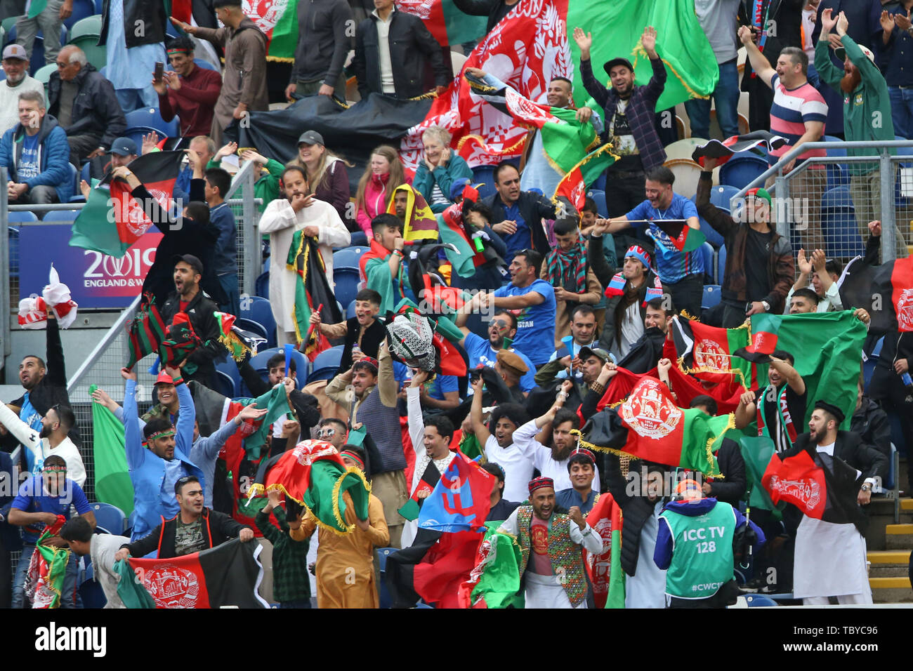 Cardiff, Wales, UK. 04th June, 2019. 4th June 2019, Sophia Gardens, Cardiff, Wales, ICC Cricket World Cup, Afghanistan versus Sri Lanka; Afghanistan fans cheering on their team Credit: Action Plus Sports Images/Alamy Live News Stock Photo