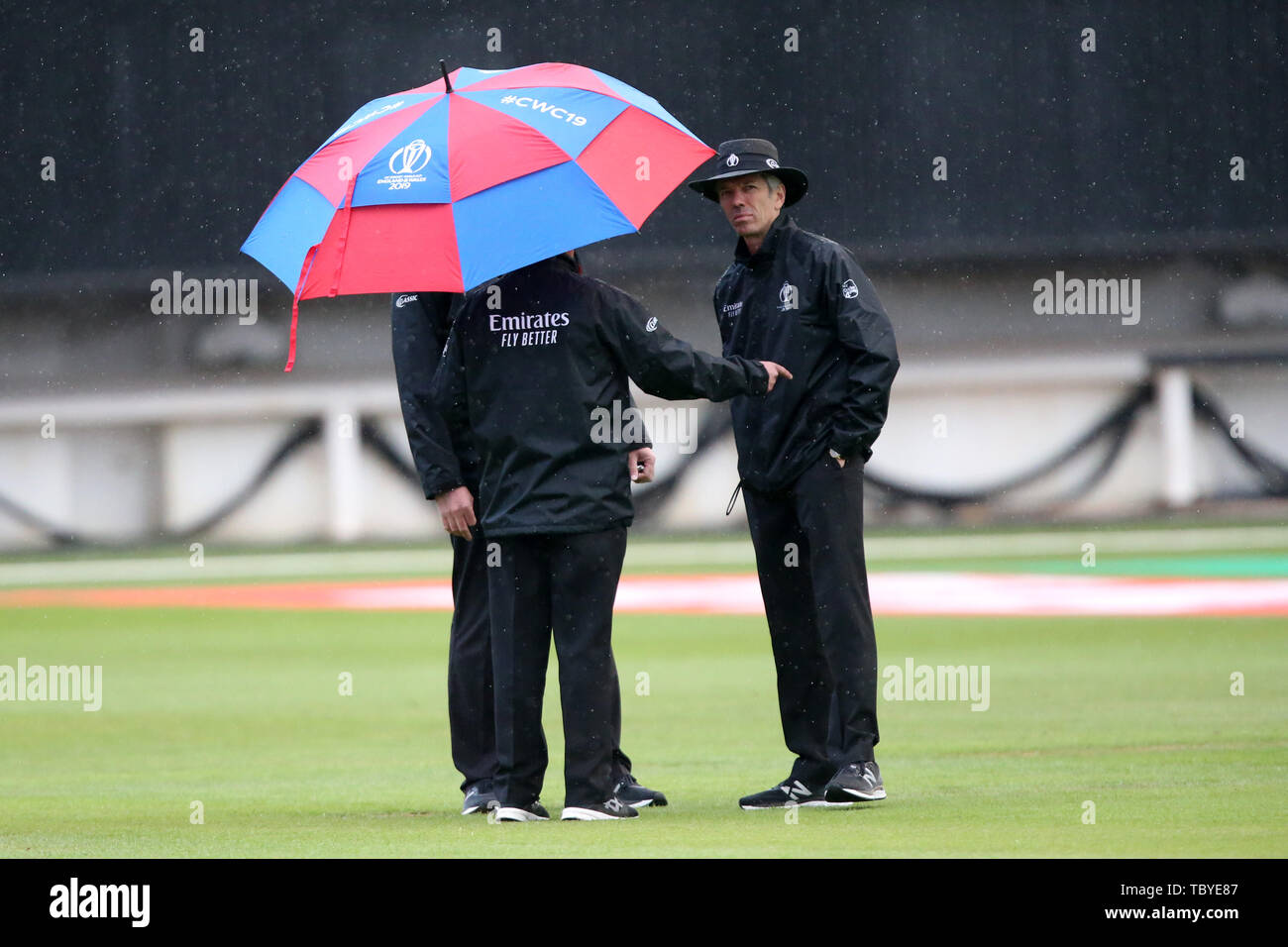Cardiff, Wales, UK. 04th June, 2019. 4th June 2019, Sophia Gardens, Cardiff, Wales, ICC Cricket World Cup, Afghanistan versus Sri Lanka; Umpires stop play due to rain Credit: Action Plus Sports/Alamy Live News Credit: Action Plus Sports Images/Alamy Live News Stock Photo