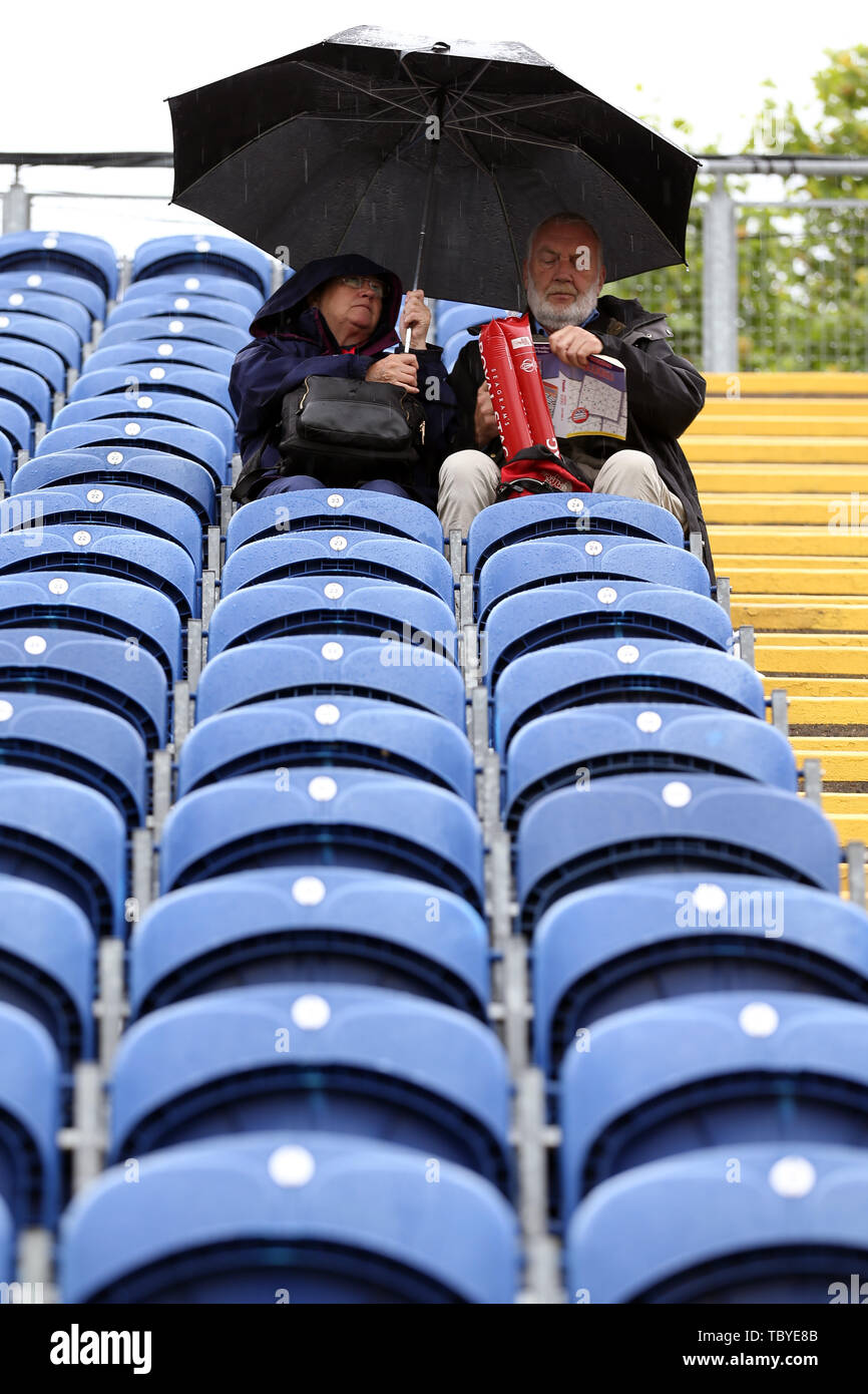Cardiff, Wales, UK. 04th June, 2019. 4th June 2019, Sophia Gardens, Cardiff, Wales, ICC Cricket World Cup, Afghanistan versus Sri Lanka; Fans sit out the rain delay Credit: Action Plus Sports Images/Alamy Live News Stock Photo