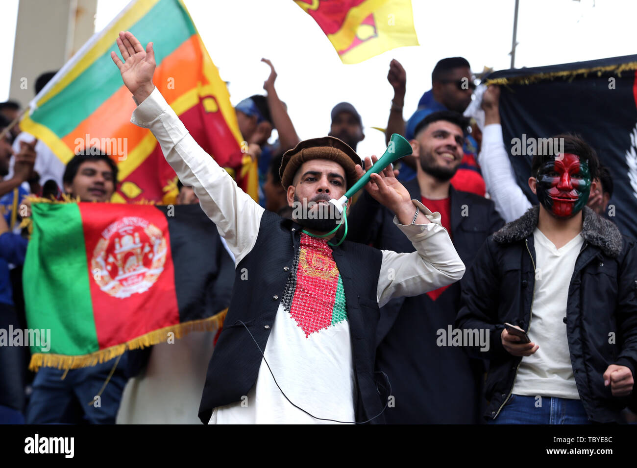 Cardiff, Wales, UK. 04th June, 2019. 4th June 2019, Sophia Gardens, Cardiff, Wales, ICC Cricket World Cup, Afghanistan versus Sri Lanka; Afghanistan and Sri Lanka fans party together in the rain Credit: Action Plus Sports Images/Alamy Live News Stock Photo