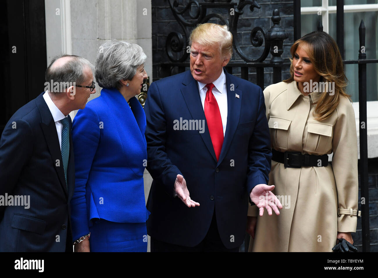 London, UK. 4th June, 2019. U.S. President Donald Trump (2nd R) and his wife Melania Trump (1st R) pose for photos with British Prime Minister Theresa May (2nd L) and her husband Philip May at 10 Downing Street in London, Britain on June 4, 2019. British Prime Minister Theresa May said Tuesday that she and U.S. President Donald Trump wanted an ambitious trade agreement after Brexit. Credit: Alberto Pezzali/Xinhua/Alamy Live News Stock Photo